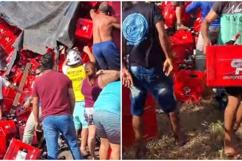Carga de cerveja cai de caminhão e população saqueia bebidas