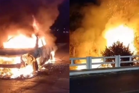 Carro pega fogo em estrada e chamas se espalham para vegetação no interior do Ceará