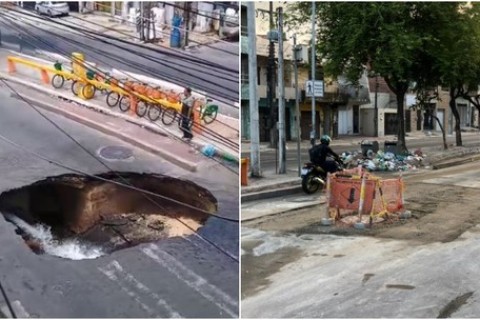 Cratera se abre na Avenida Leste Oeste em Fortaleza-CE e moradores filmam vazamento de água