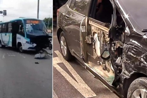 Acidente entre micro-ônibus e carro complica o trânsito em Fortaleza-CE