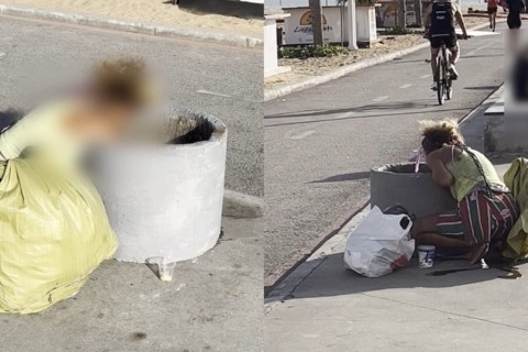 Mulher é vista comendo em lixeira de cartão-postal de Fortaleza-CE