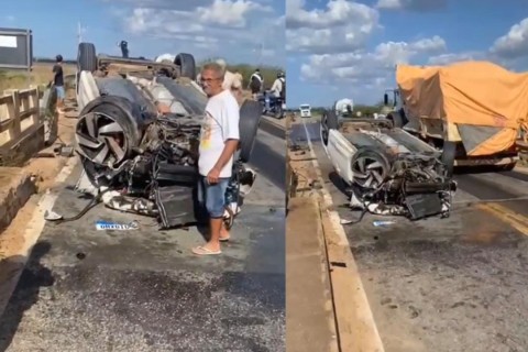 Veículo capota após se envolver em acidente com carreta na ponte da Ilhota em Russas no Ceará