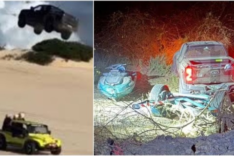 Motorista de picape que 'voou' em duna se acidenta novamente ao rebocar veículo aquático