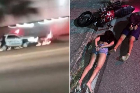 Policial colide e derruba moto em movimento e prende casal após perseguição